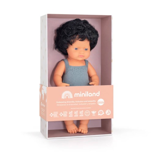 Lalka chłopiec Europejczyk Czarne Kręcone Włosy Colourful Edition 38cm Miniland Doll 