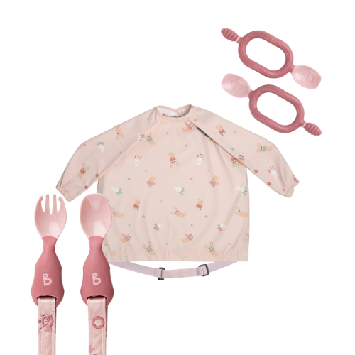 Zestaw śliniaczek Świnka Peppa, łyżeczka i widelec, dwuetapowe łyżeczki Blush - BiBADO